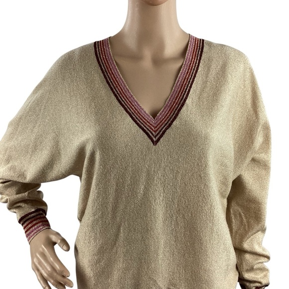Trina Turk Metallic Trim Dolman Sleeve Sweater Beige Gold Size M - Picture 2 of 7